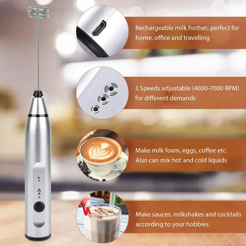 USB Rechargeable Electric Milk Frother — 3 Speed Modes